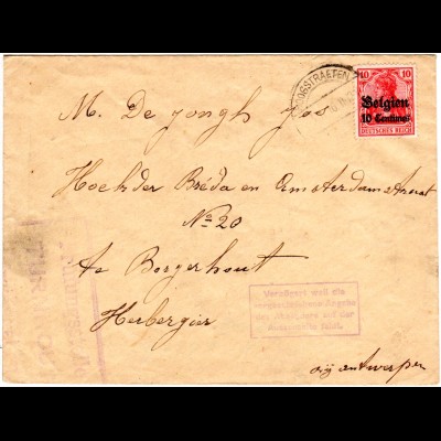 Belgien 1916, 10 C./10 Pf. auf Zensur Brief m. Verzögert-Stpl. v. Hoogstraeten