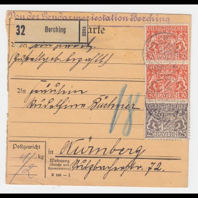 Bayern 1917, 25+Paar 30 Pf. Dienst auf Paketkarte v. Berching. #2717