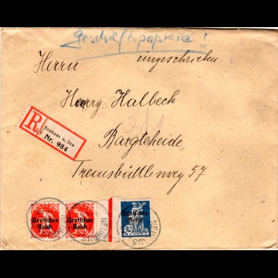 1920, 30+Paar 50 Pf. DR Bayern Abschied auf Einschreiben Brief v. NEUHAUS a. Inn