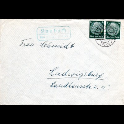 DR 1932, Landpost Stpl. LAUBACH über Aalen auf Brief m. 2x6 Pf.