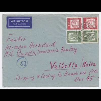 BRD 1963, 20+20+10+10 Pf. auf Luftpost Brief v. Hof n. Malta. Destination! #1807