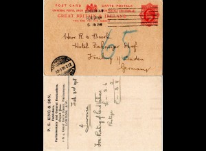 GB 1908, 1d Ganzsache v. London m. rs. Verlags u. Buchhandel Zudruck