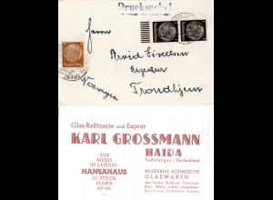DR 1939, 3+Paar 1 Pf. auf Reklame Karte v. Haida Sudeten + Bahnpost n. Norwegen 