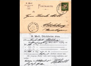 Bayern 1898, Firmenkarte m. 5 Pf. u. Pfalz-K1 DUERKHEIM