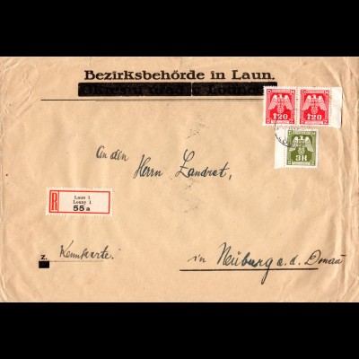 Böhmen u. Mähren 1943, 3+Paar 1,20 K. Dienst auf Einschreiben Brief v. LAUN
