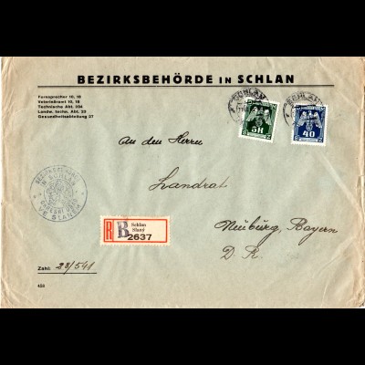 Böhmen u. Mähren 1943, 5 K.+40 H. Dienst auf Einschreiben Brief v. SCHLAN