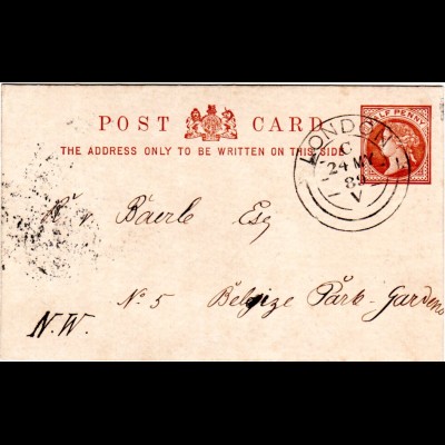 GB 1889, early double circle LONDON klar auf 1d Ganzsache 
