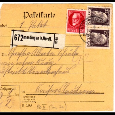 Bayern 1915, 10+Paar 25 Pf. auf Paketkarte v. AMERDINGEN b. Nördlingen