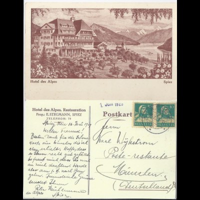 Spiez 1929, Restaurant Hotel Des Alpes, gebr. sw AK. #628