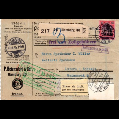 DR, EF 80 Pf. Germania m. WZ u. perfins auf Paketkarte v. Hamburg i.d. Schweiz.