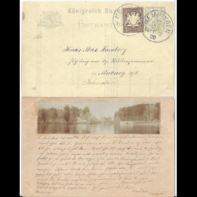 Bayern 1900, Memmingen, Ganzsache m. rs. aufgeklebtem Foto See m. Häusern. #232
