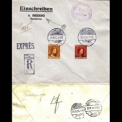 Luxemburg 1916, 17 1/2/30 C.+87 1/2 C./1 Fr. auf Reko Express Brief n. Hannover