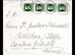 Bayern 1914, MeF 4x5 Pf. Ludwig auf Brief v. TUTZING i.d. Schweiz