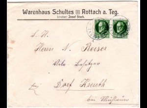 Bayern 1916, Paar 5 Pf. Ludwig auf Firmen Brief v. ROTTACH-EGERN n. Dorf Kreuth