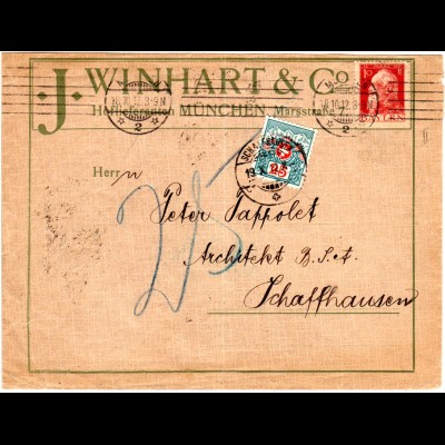 Bayern 1912, 10 Pf. auf Firmen Brief v. München m. Schweiz Portomarke