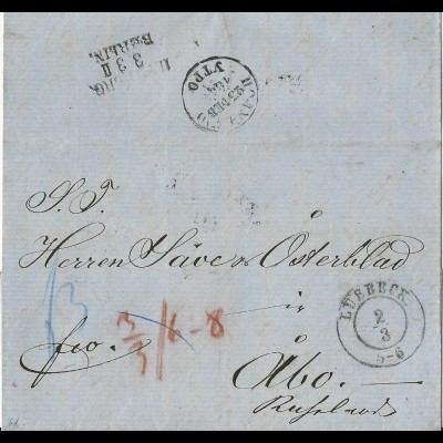Lübeck 1854, Franko Brief m. K2 u. rs. Bahnpost nach Finnland! #2606