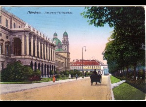 München, Residenz Festsaalbau m. Pferde Kutsche, 1923 gebr. Farb-AK