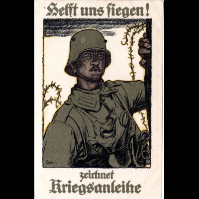 WK I-Propaganda Zeichnet Kriegsanleihe, Soldat m. Gasmaske, ungebr. Farb-AK
