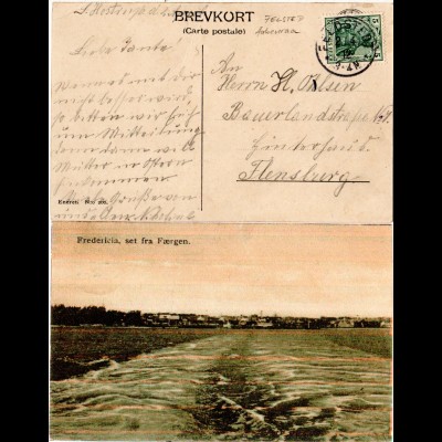 Dänemark 1912, Fredericia fra Faergen, sw-AK m. Nordschleswig K1 FELDSTEDT