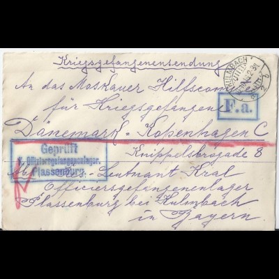 Bayern 1916, KGF POW Zensur Brief v. Lager Kulmbach Plassenburg n. Dänemark. 