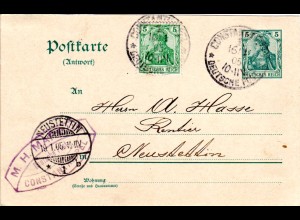 DP Türkei 1905, DR Antwortkarte m. 5 Pf. Germania v. CONSTANTINOPEL zurückgebr.