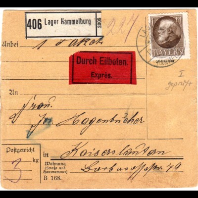 Bayern 1917, EF 1 Mk. Friedensdruck auf Eilboten Paketkarte v. Lager Hammelburg