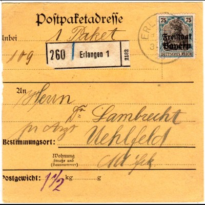 Bayern 1920, EF 75 Pf. Germania Freistaat auf Paketkarte v. ERLANGEN