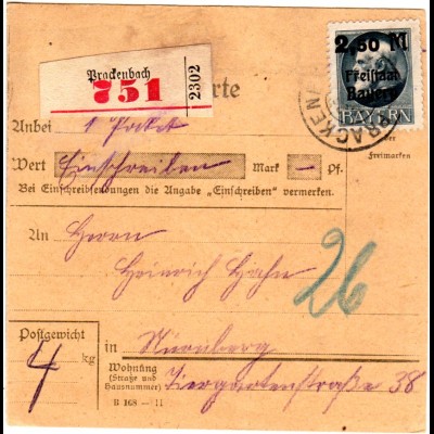 Bayern 1920, EF 2,50/1 Mk. auf Einschreiben Paketkarte v. PRACKENBACH