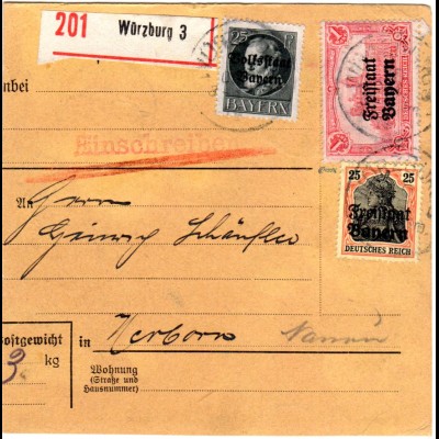 Bayern 1919, 4 Marken vorder- u. rücks. auf Einschreiben Paketkarte v. WÜRZBURG