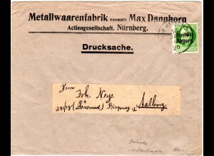 Bayern 1920, EF 5 Pf. Freistaat auf Drucksache Brief v. Nürnberg n. Dänemark