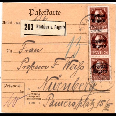 Bayern 1920, MeF 3x50 Pf. Freistaat auf Paketkarte v. NEUHAUS a. Pegnitz