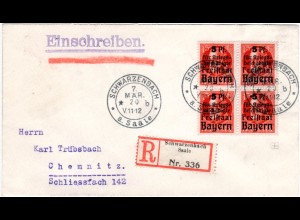 Bayern 1920, 4er-Block 15+5 Pf. Zuschlagmarken auf Reko Brief v. SCHWARZENBACH