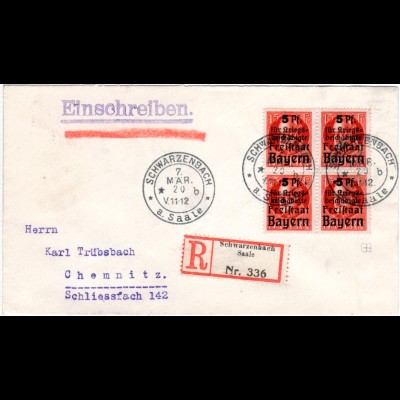 Bayern 1920, 4er-Block 15+5 Pf. Zuschlagmarken auf Reko Brief v. SCHWARZENBACH
