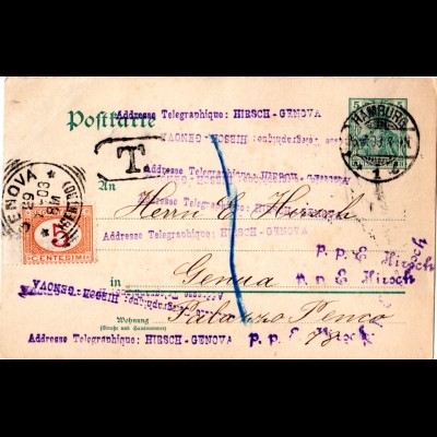 DR 1903, unterfrankierte 5 Pf. Ganzsache v. Hamburg m. Italien Portomarke