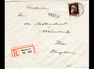 Bayern 1914, EF 25 Pf. auf Orts-Reko Brief v. München 28