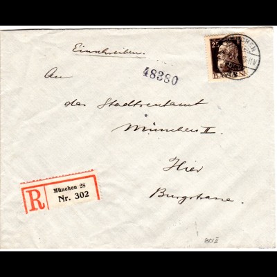 Bayern 1914, EF 25 Pf. auf Orts-Reko Brief v. München 28
