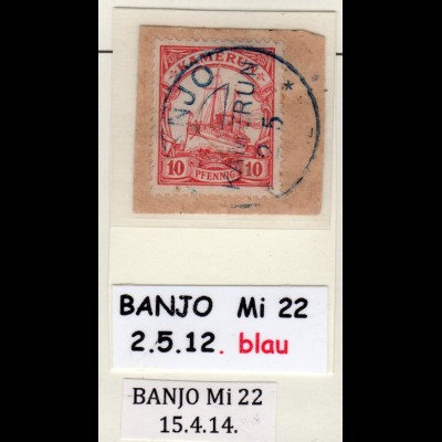 Kamerun, 10 Pf. auf Briefstück m. blauem Stempel BANJO