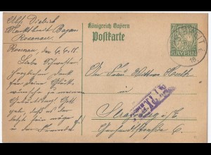 Bayern 1918, Marktbreit, WW I Ganzsache Karte mit Zensur n. Strassburg. #2445