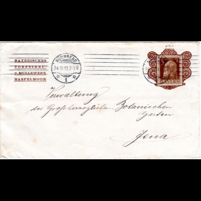 Bayern 1913, 3 Pf. Reklame Brief v. Nürnberg ab Torf-/Mullwerk HASPELMOOR