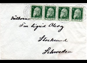 Bayern 1911, 4er-Streifen 5 Pf. auf Brief v. HOHENBERG a. EGER n. Schweden.