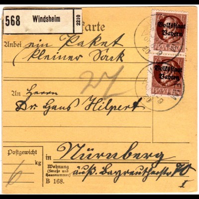 Bayern 1920, MeF 2x75 Pf. Volksstaat auf Paketkarte v. WINDSHEIM