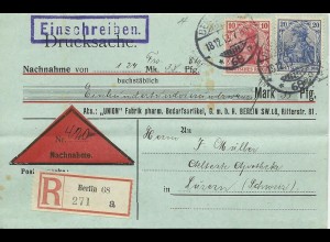 DR 1913, 10+20 Pf. auf Ausl. Nachnahme Einschreiben Karte v. Berlin 68. #2801