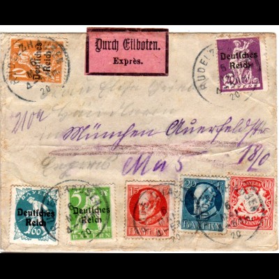 DR-Bayern 1920, Mischfrankatur m. 7 Marken auf Eilboten Brief v. RUDELZHAUSEN