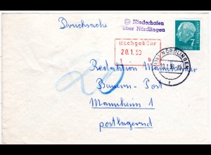 BRD 1959, Landpost Stpl. 13b NIEDERHOFEN über Nördlingen auf Brief m. 7 Pf. 