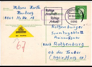 BRD 1964, Landpost Stpl. 8861 HEUBERG über Nördlingen auf 10 Pf. Ganzsache 