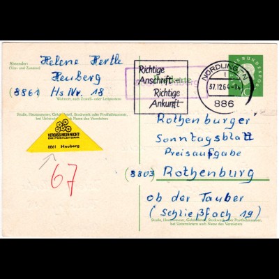 BRD 1964, Landpost Stpl. 8861 HEUBERG über Nördlingen auf 10 Pf. Ganzsache 