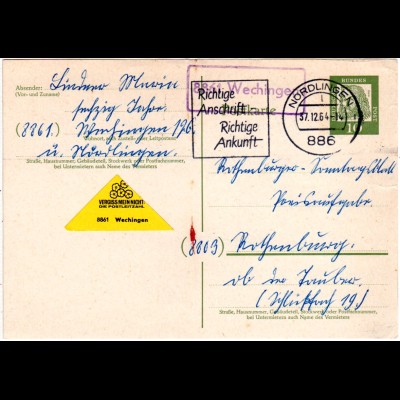 BRD 1964, Landpost Stpl. 8861 WECHINGEN über Nördlingen auf 10 Pf. Ganzsache 