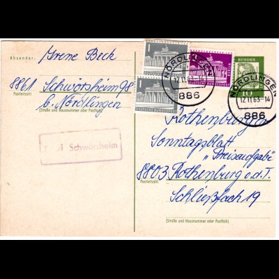 BRD 1963, Landpost Stpl. 8861 SCHWÖRSHEIM über Nördlingen auf 10 Pf. Ganzsache 