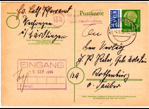 BRD 1954, Landpost Stpl. 13b WECHINGEN über Nördlingen auf 10 Pf. Ganzsache 