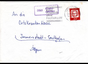 BRD 1963, Landpost Stpl. 8861 Klosterzimmern über Nördlingen auf Brief m. 20 Pf.